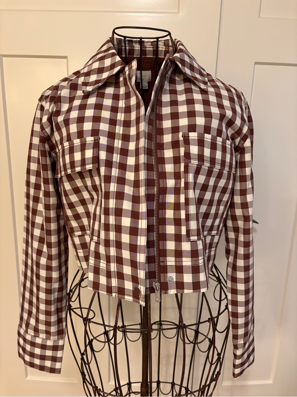 A New Day Checked Cropped Zip Jacket - Brown & White